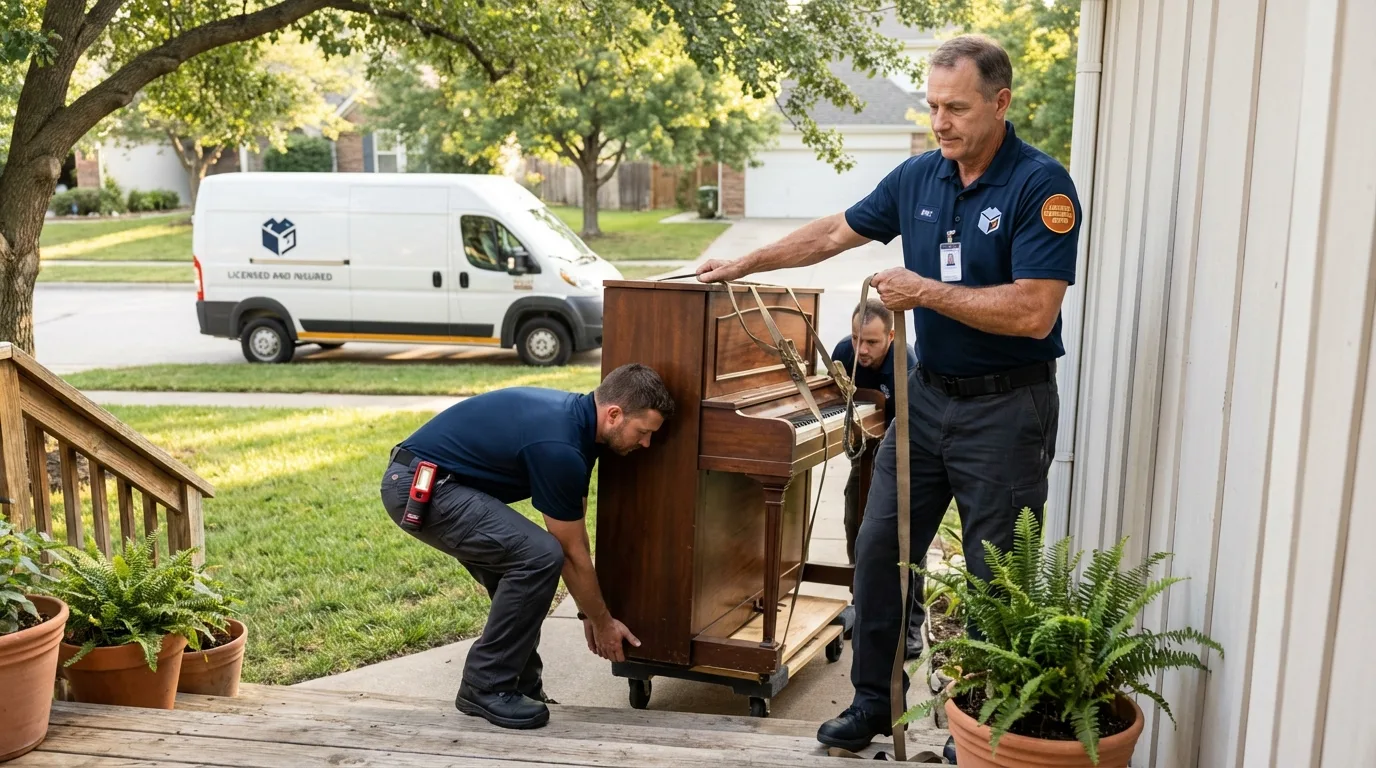 Licensed piano movers securing grand piano in Yuma, CO