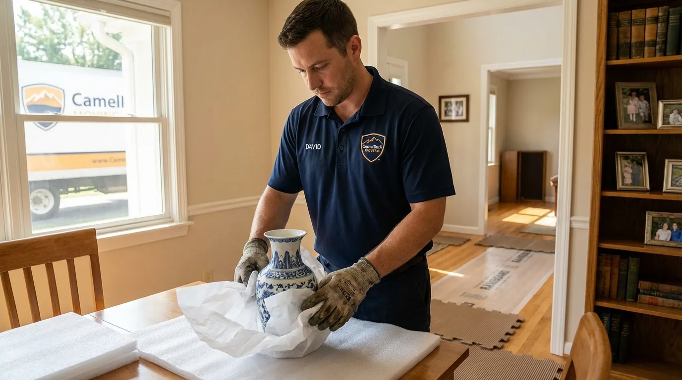 Professional crew carefully wrapping antique vase for senior downsizing move in Yuma, CO